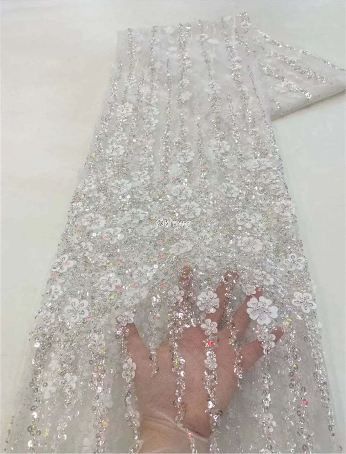 Sequin Beaded Embroidery Lace Fabric on French TulleWHITE