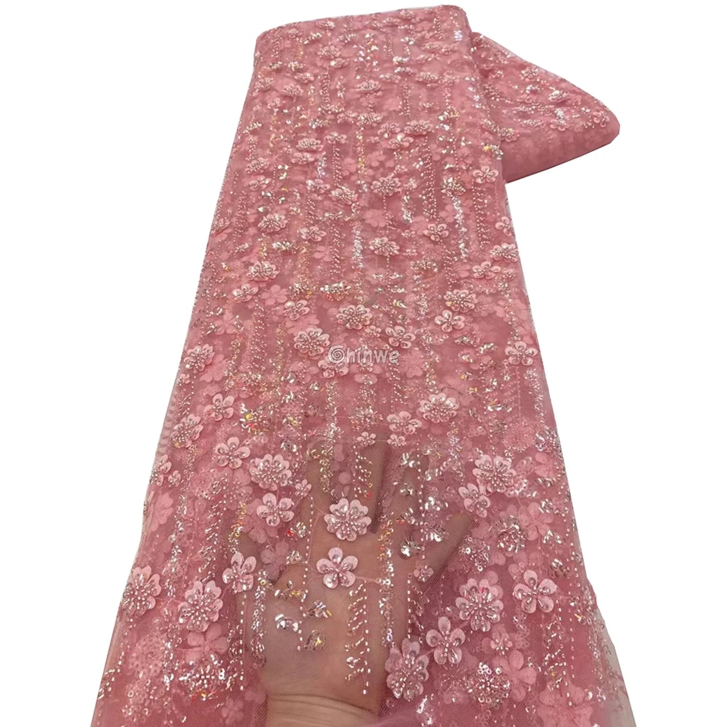 Sequin Beaded Embroidery Lace Fabric on French Tulle