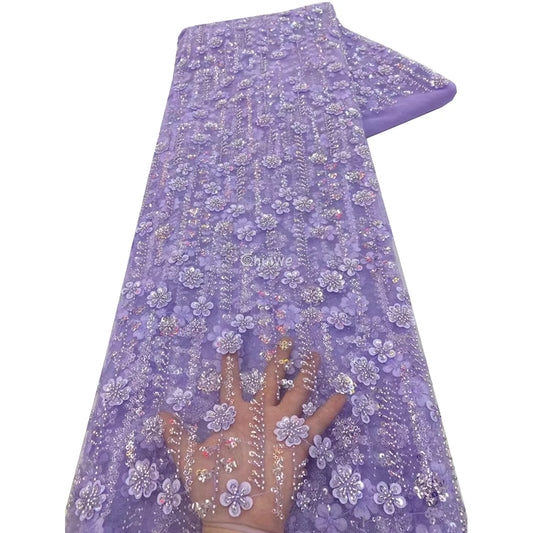 Sequin Beaded Embroidery Lace Fabric on French Tulle