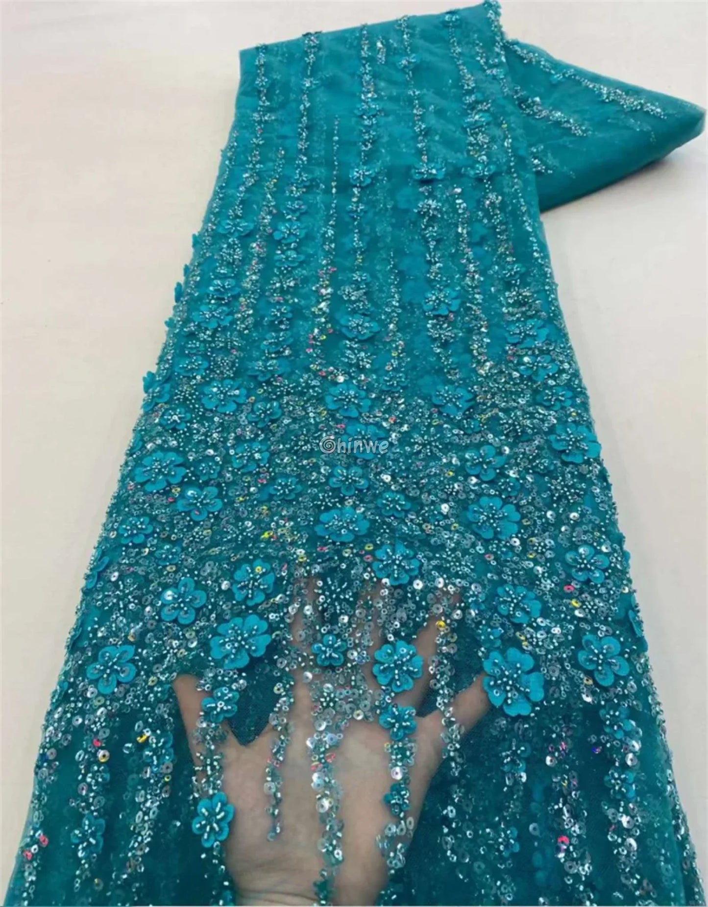 Sequin Beaded Embroidery Lace Fabric on French Tulle