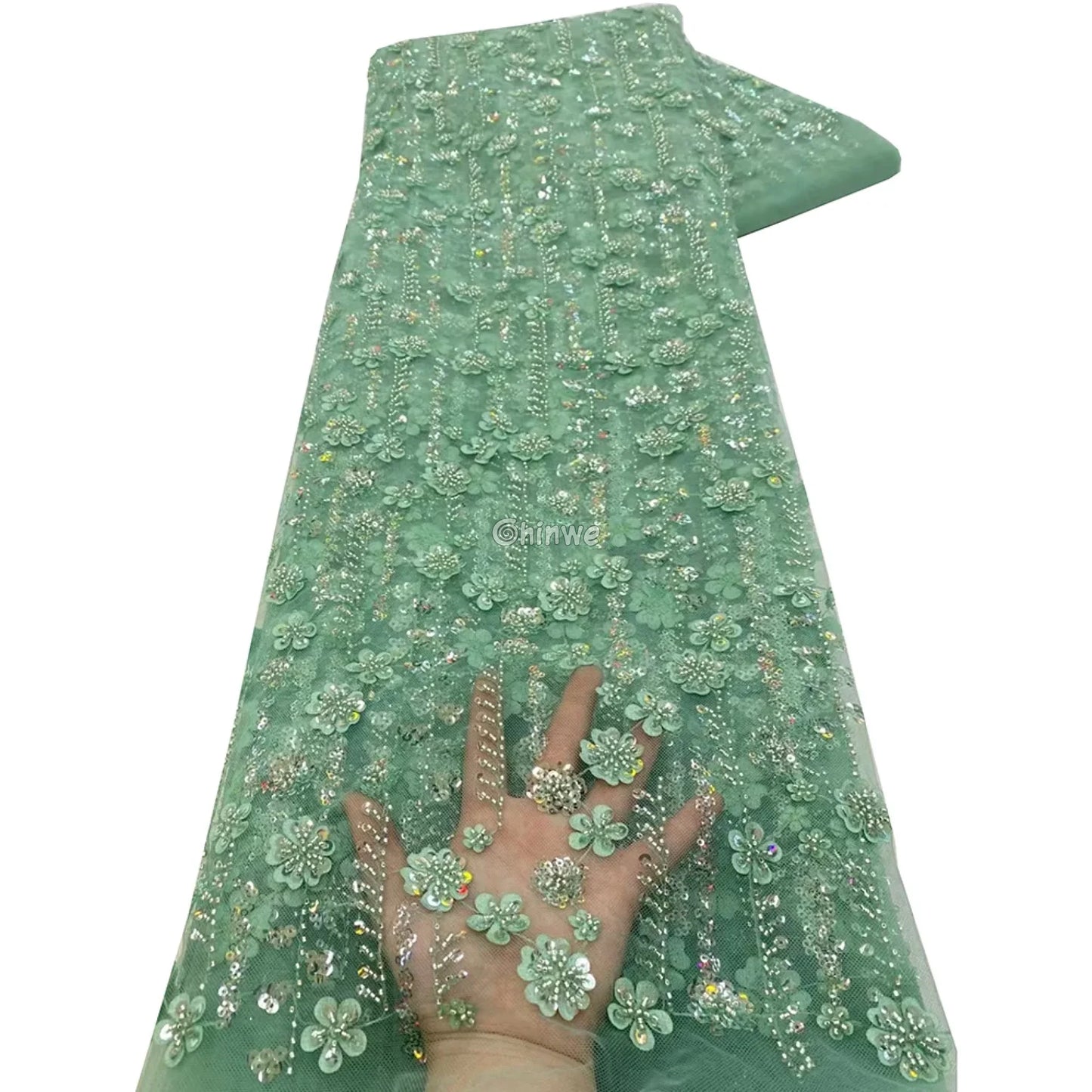Sequin Beaded Embroidery Lace Fabric on French Tulle