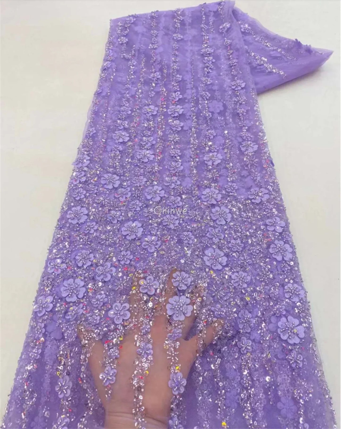 Sequin Beaded Embroidery Lace Fabric on French Tulle