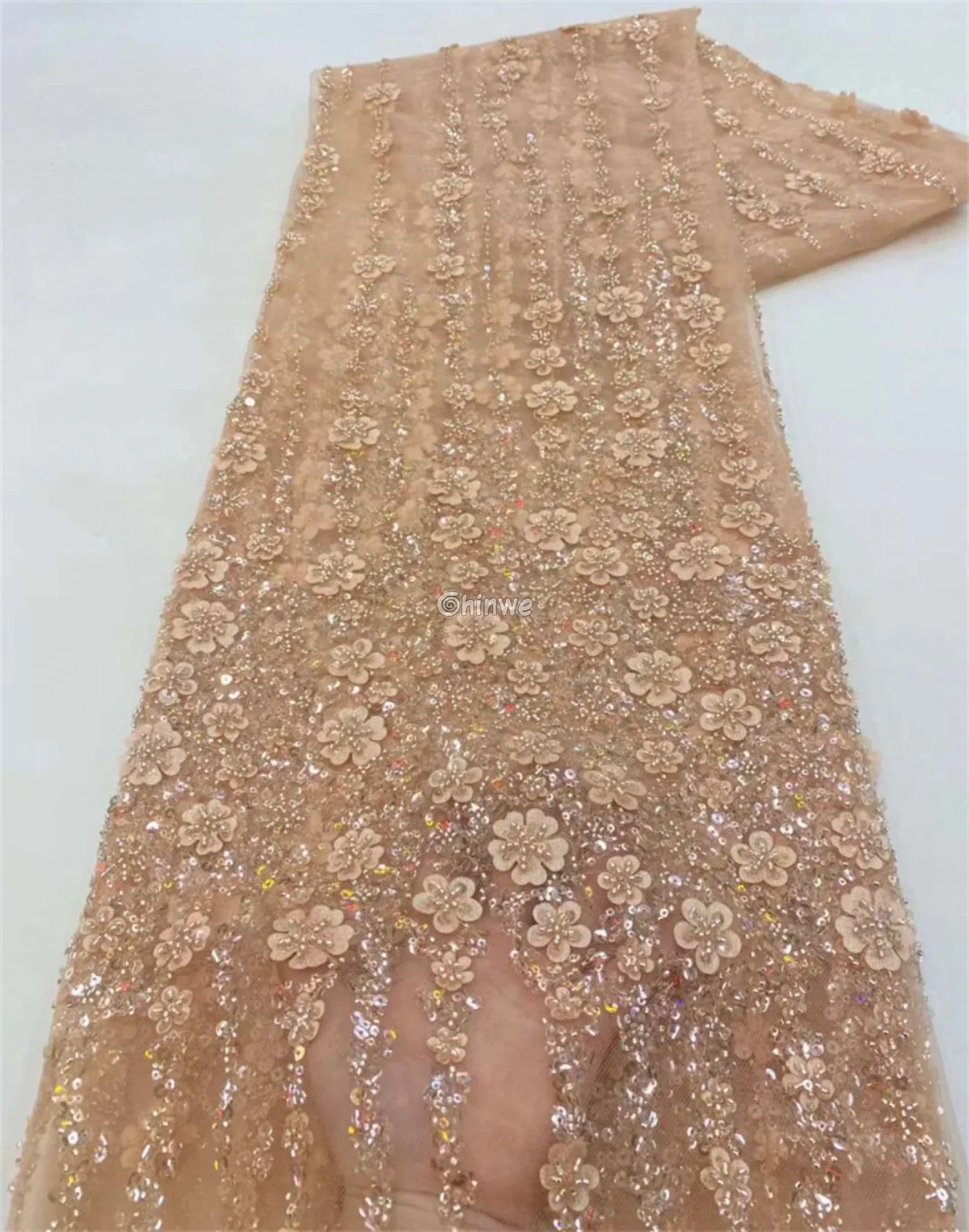 peach Sequin Beaded Embroidery Lace Fabric on French Tulle