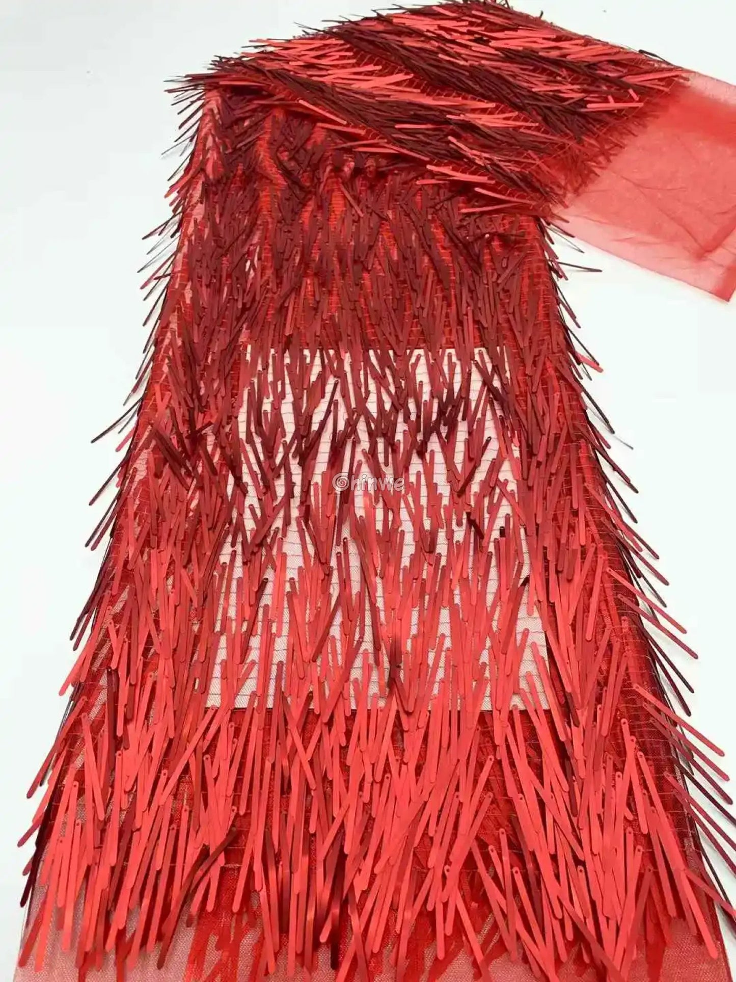 Iridescent Sequin Tinsel Fringe Fabric with Layered Shimmer Strips and Sheer Mesh Base Cherry Red Fringe / 120cm