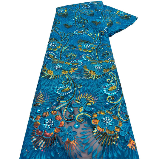 Emerald & Sapphire Blue Floral Vine Lace with Raised Petal Motifs and Iridescent Sequin Embellishments Turquoise &