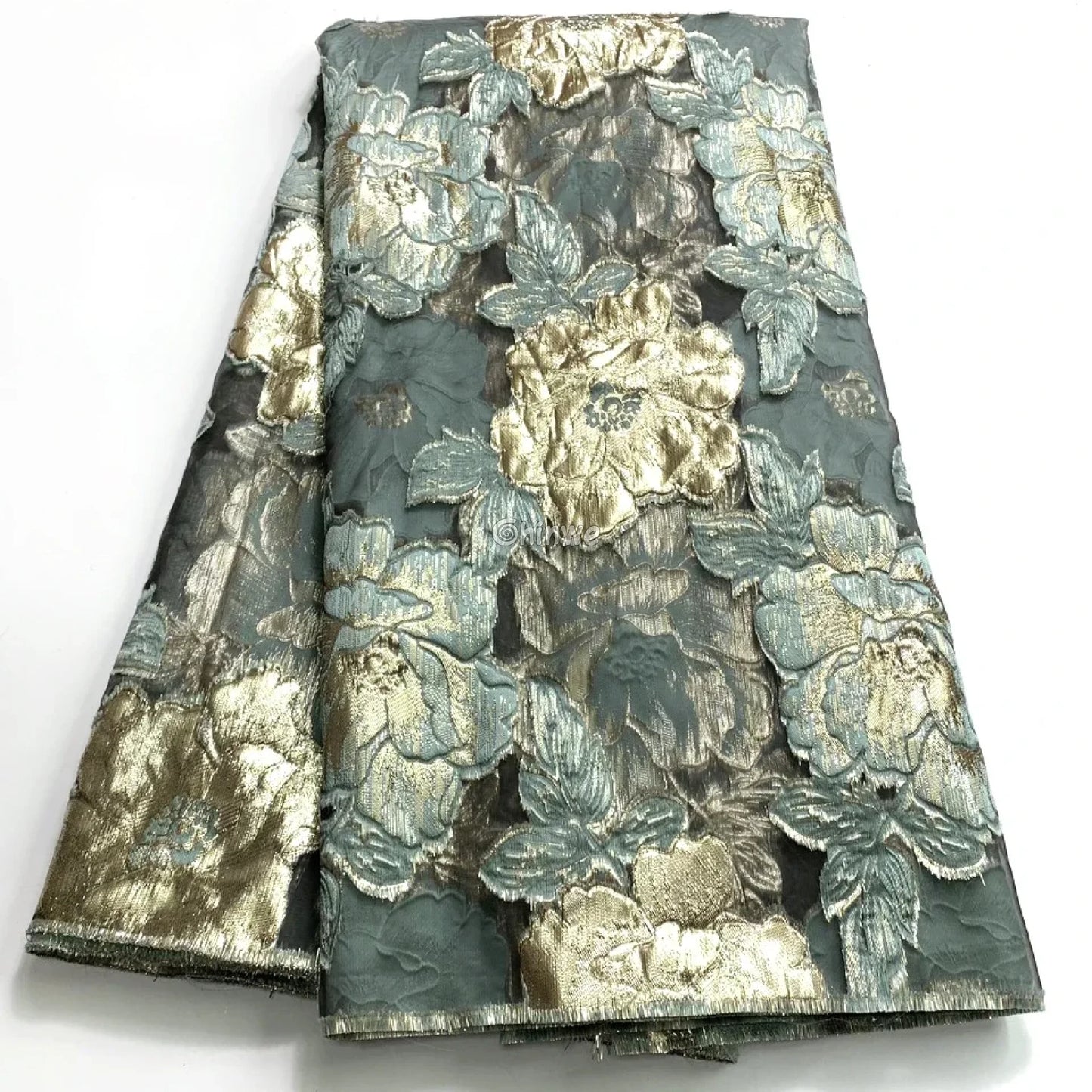 Jacquard Brocade Floral Lace Fabric with Metallic Embroidery and Sheer Mesh Backing Overlay Pale teal with metallic