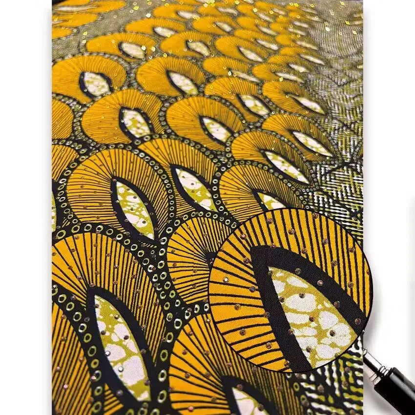 Gold Peacock Plume Stoned Wax Print – Sparkle Stones, Real Wax, 6 Yards