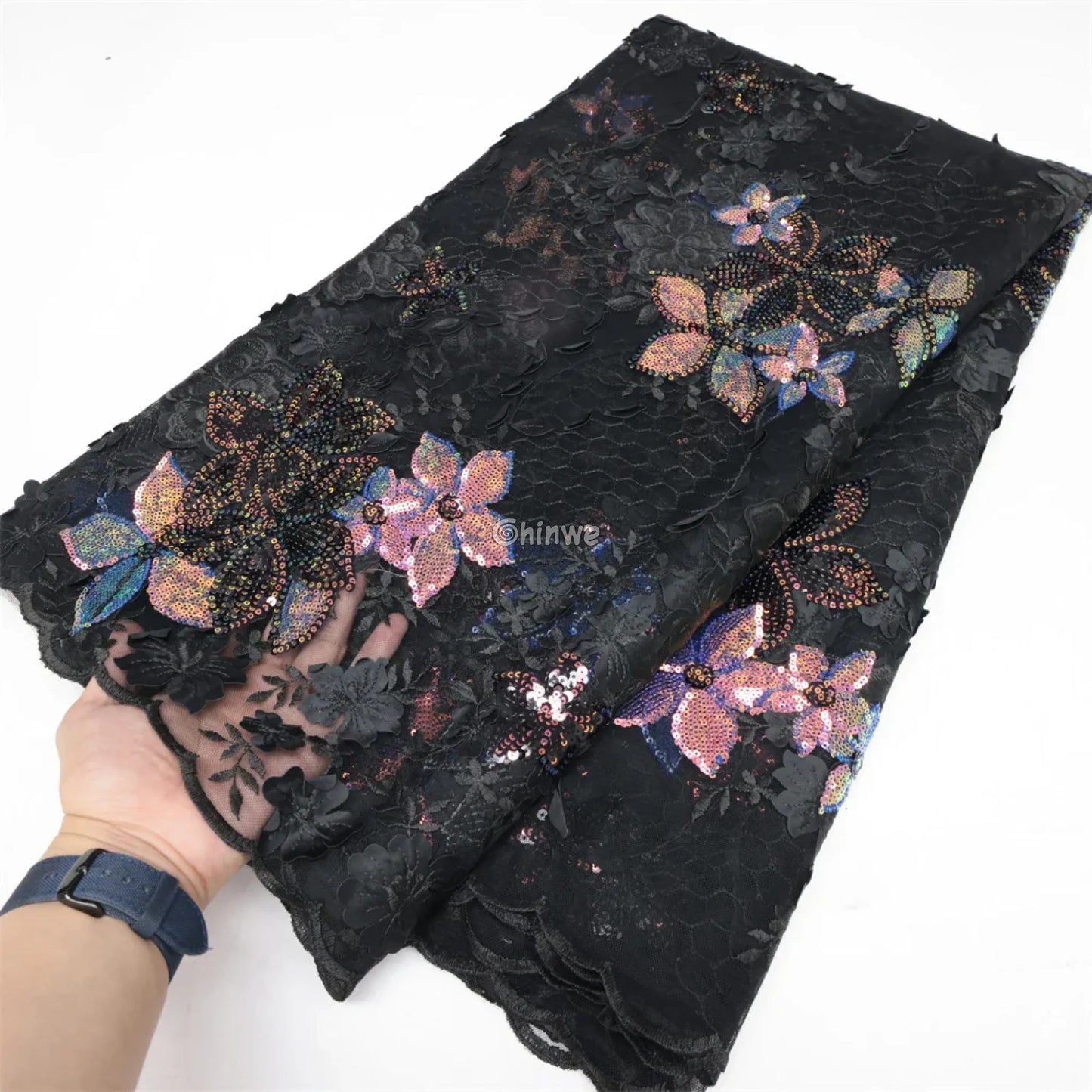Embroidered 3D Sequin Lace Fabric with Floral Appliqué on Soft Tulle Mesh for Couture Sewing Projects Black mesh with