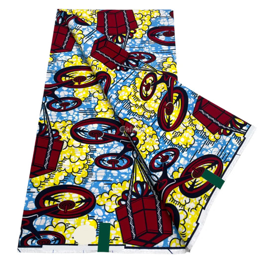 Crimson Drone & Parcel Motif on Sky Blue with Yellow Cloud Bursts and White Crackle Batik Detailing Sky Blue Delivery