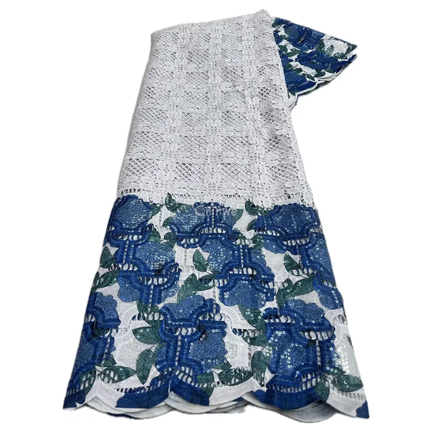 Sequin-Embroidered Mesh Lace with Geometric Grid Overlay & Scalloped Floral Border Fabric Royal Blue Floral / 5 Yards