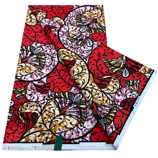 Swirling Vine Bloom Motif on Scarlet Batik with Gold Curls and Lilac Shadowed Petals Swirling Vine Blooms on Rich