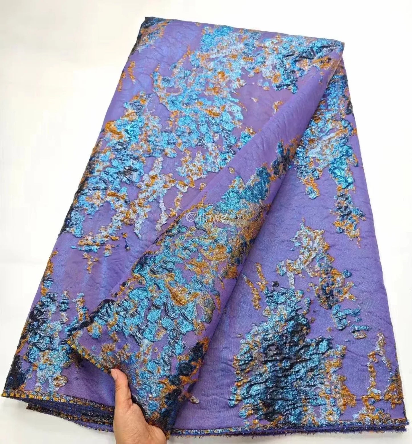 Luxurious Jacquard Brocade with Iridescent Foil Accents & Abstract Marbling Motif Royal Purple Base with Turquoise &