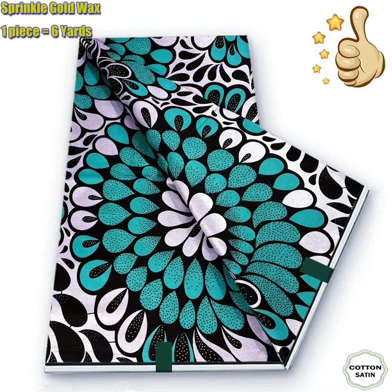 Teal Peacock Petal Grand Golden Wax Print – Black & White, Glitter, 6 Yards