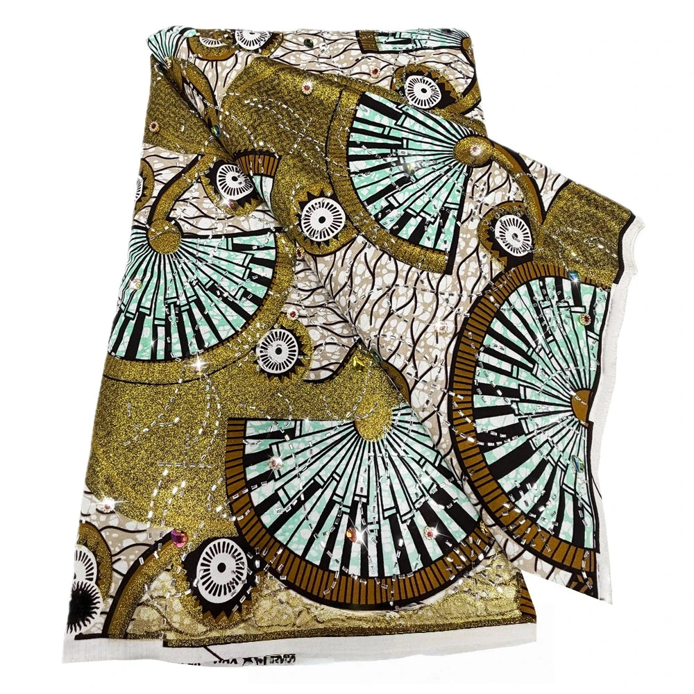 Olive & Mint Fan Stoned Wax Print – Heavyweight Poplin with Stones, 6 Yards
