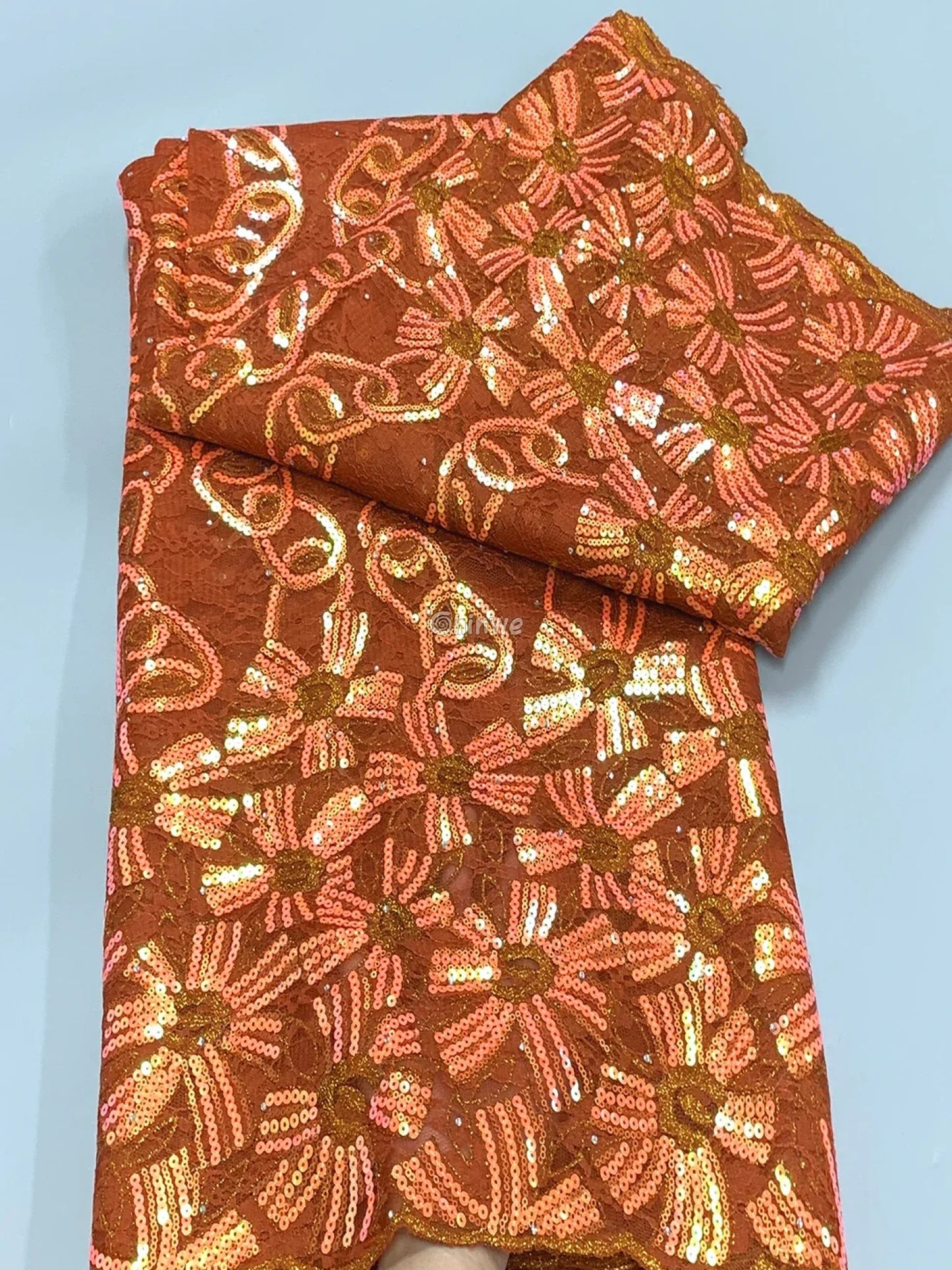 Sequined Corded Lace Fabric with Floral & Leaf Embroidery on Soft Tulle Mesh Base Burnt orange with gold/pink sequins