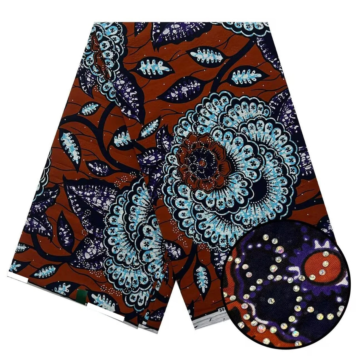 Rust and Ice Blue Rose Stoned Wax Print – Real Wax with Stones, 6 Yards