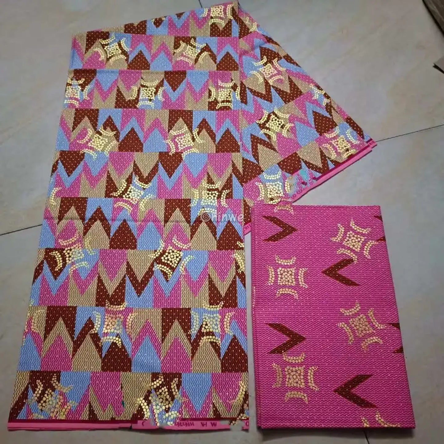 Pink Brown & Blue Kente Brocade with Adinkra Motif and Chevron Stripe Pattern in Gold Shimmer Blush Clay Kente / 6yards