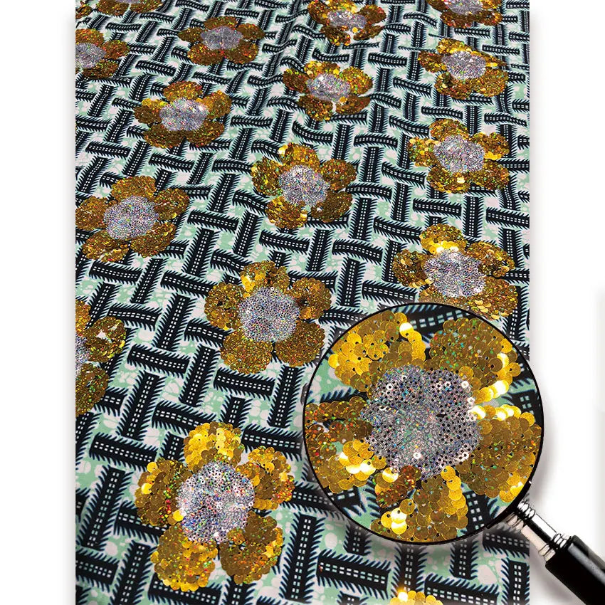 Monochrome Basketweave Sequin Wax Fabric – Gold Sequin Flowers, 100% Cotton, 6 Yards