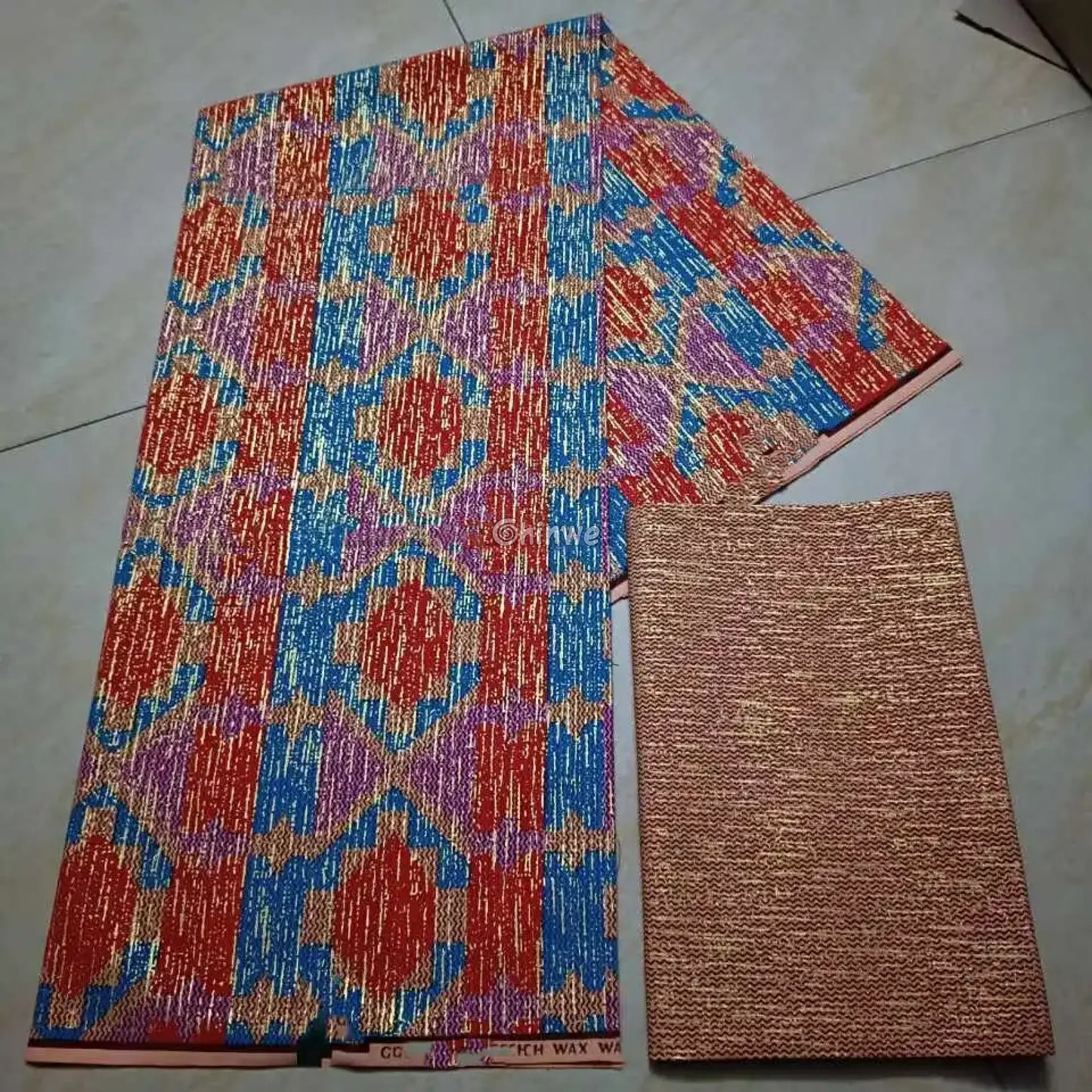 Red Blue & Lilac Kente Brocade with Radiant Medallion Motif and Gold Metallic Detailing Sunburst Jewel Kente / 6yards