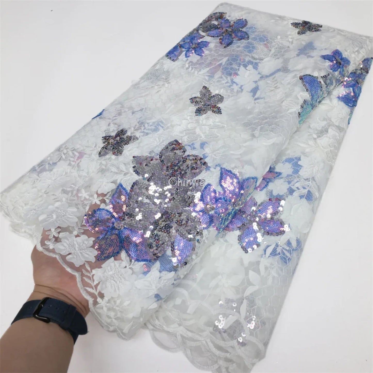Embroidered 3D Sequin Lace Fabric with Floral Appliqué on Soft Tulle Mesh for Couture Sewing Projects White with