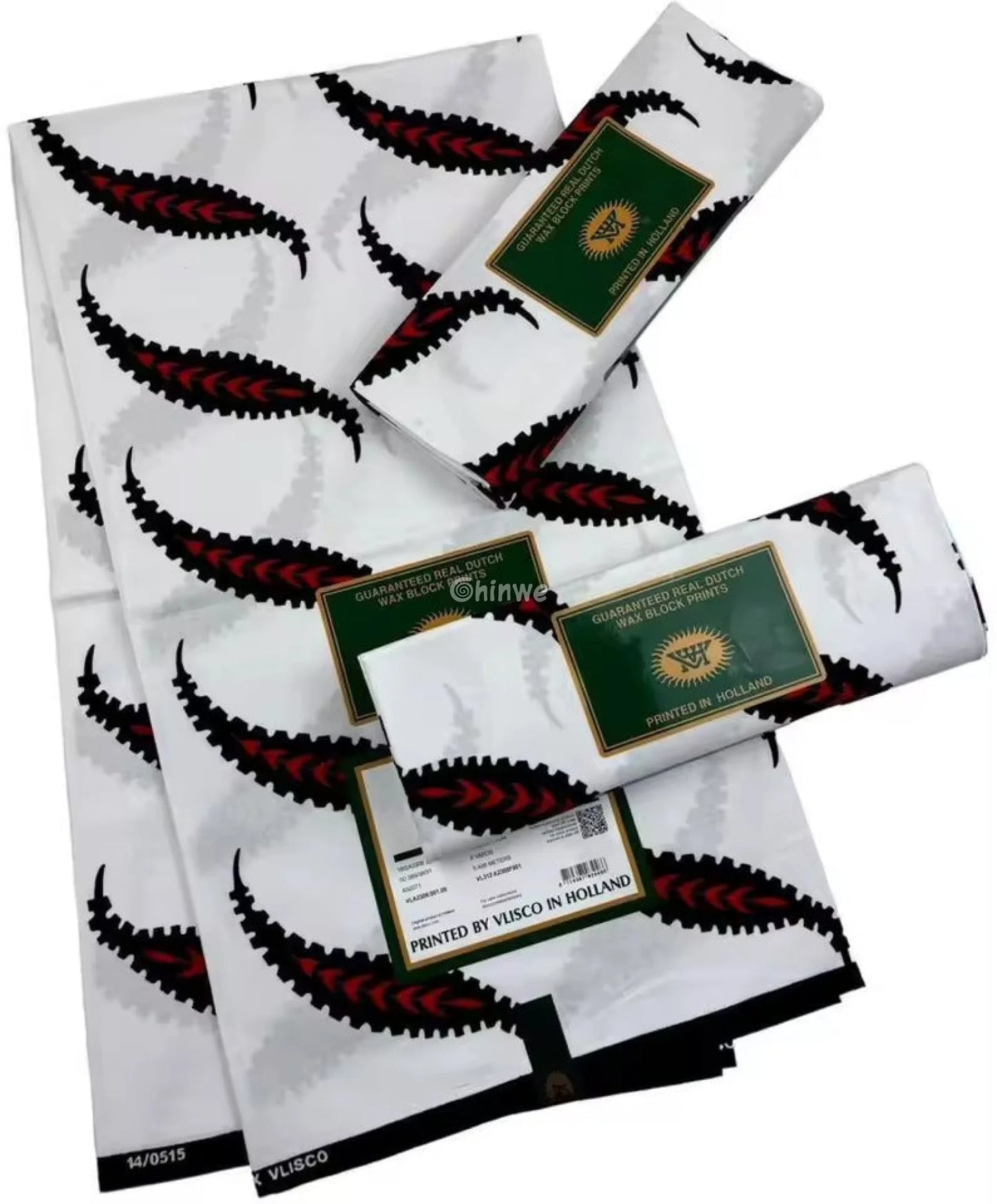 Elegant Feathered Swirl Fabric – Red and Black Pattern on White Vlisco Wax Print 6 Yards African Wax Print Fabric