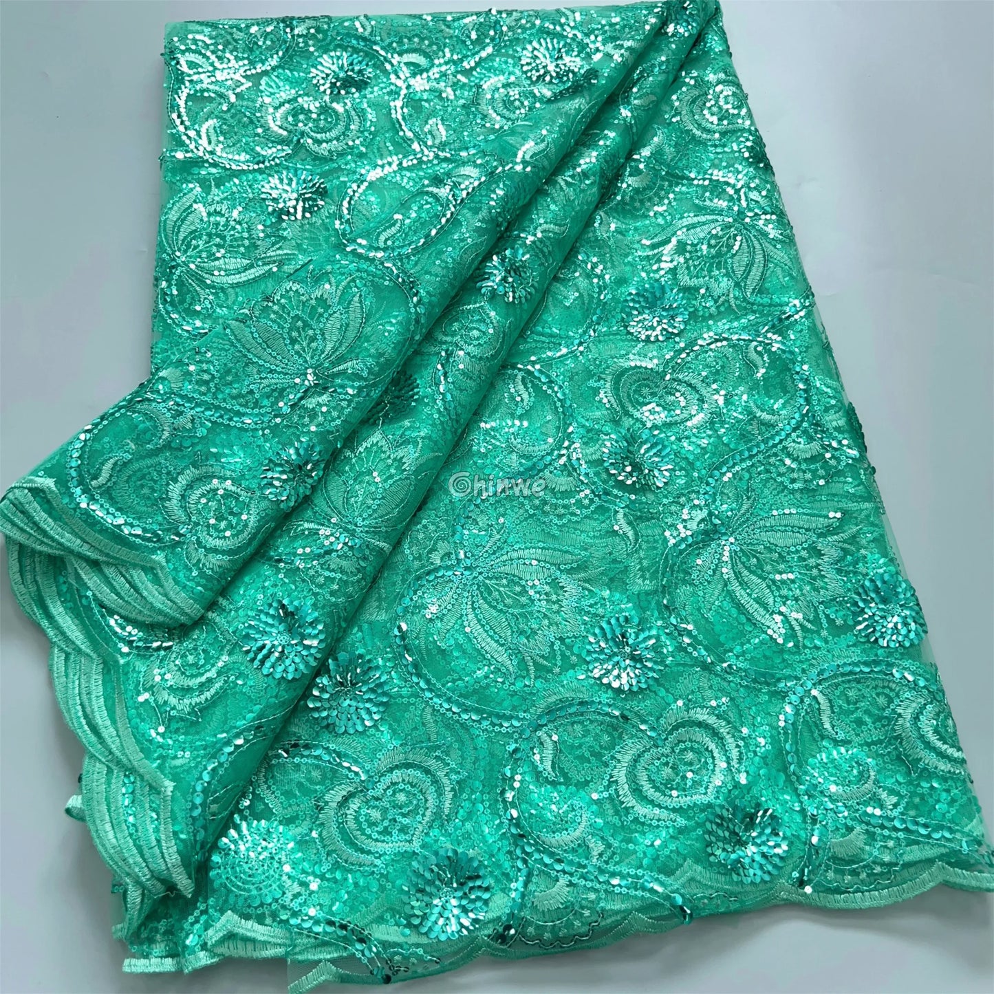 Embroidered Spiral & Floral Mesh Lace with Scattered Sequins on Sheer Tulle Emerald Swirl Sequin Lace / 5Yards Lace