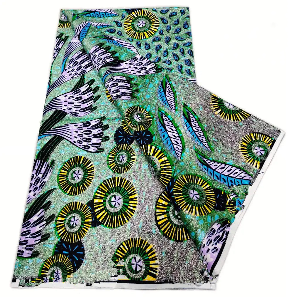 Teal Sunflower Garden Grand Golden Wax Print – Lilac Leaves, Glitter, 6 Yards