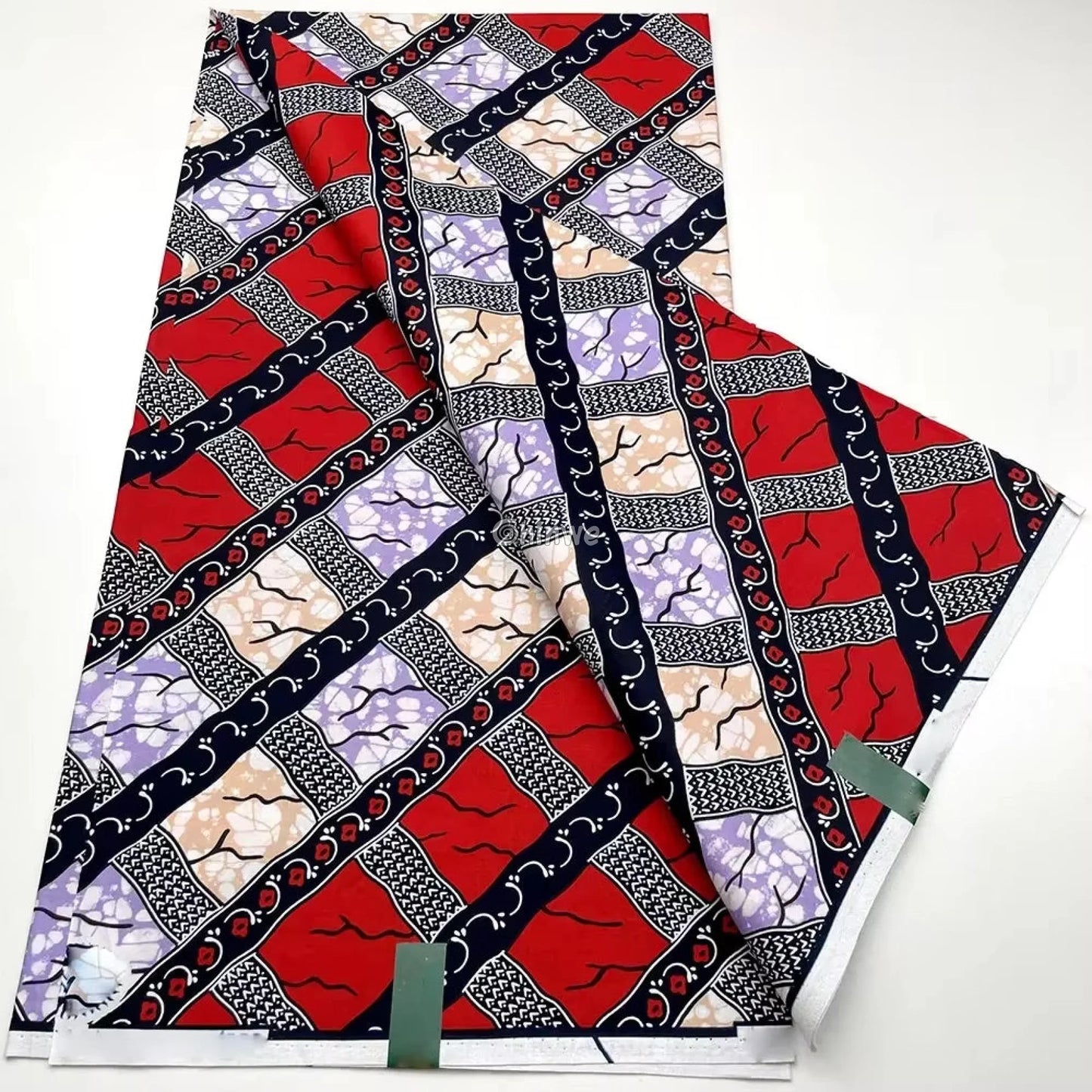 Red and Lavender Striped Ankara Wax Print Fabric with Geometric Design