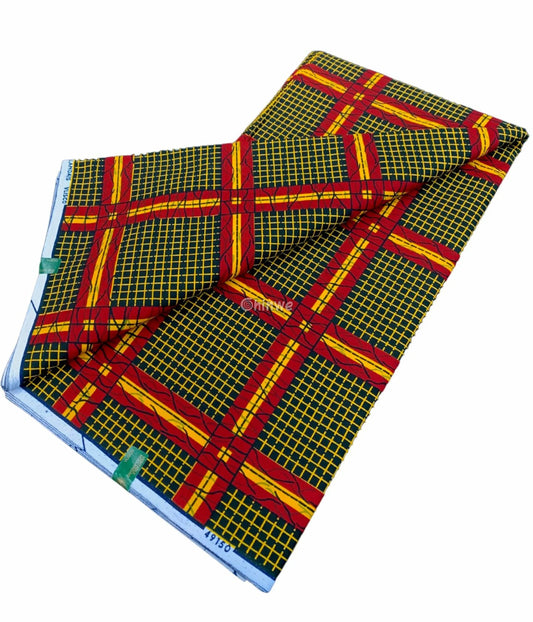 Sunburst Grid Ankara Fabric – Fiery Red & Gold Lattice on Noir 6 yards cotton