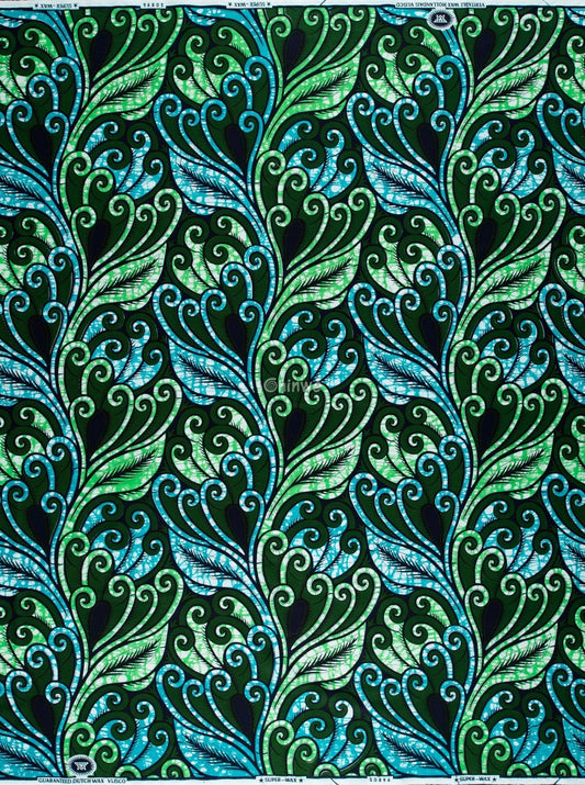 Emerald Green and Aqua Swirl Pattern with Feathered Leaf Motif and Dark Navy Teardrop Detailing Ocean Swirl with
