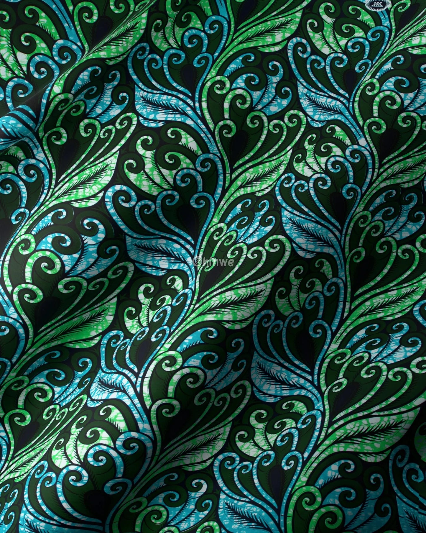 Emerald Green and Aqua Swirl Pattern with Feathered Leaf Motif and Dark Navy Teardrop Detailing Ocean Swirl with