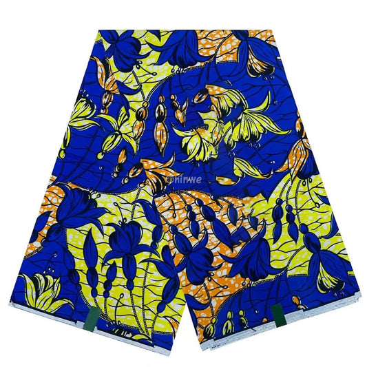 Vibrant Blue and Yellow Ankara Fabric with Floral Design