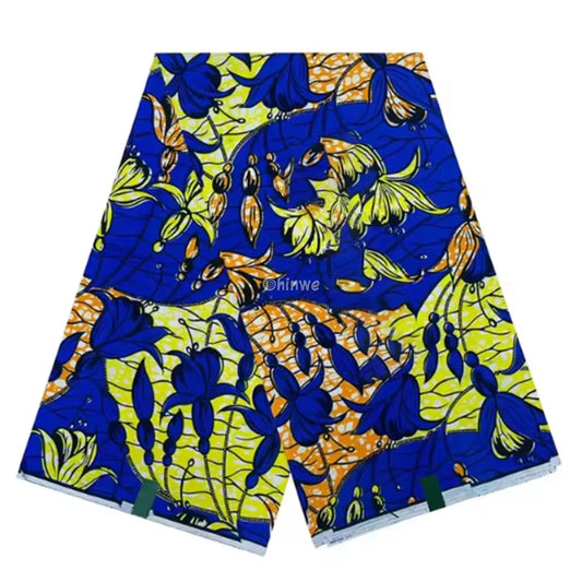 Vibrant Blue and Yellow Floral Ankara Fabric