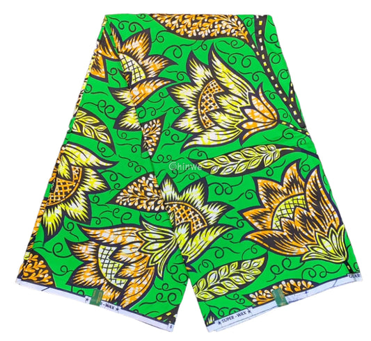 Vibrant Green Ankara Fabric with Bold Floral Patterns