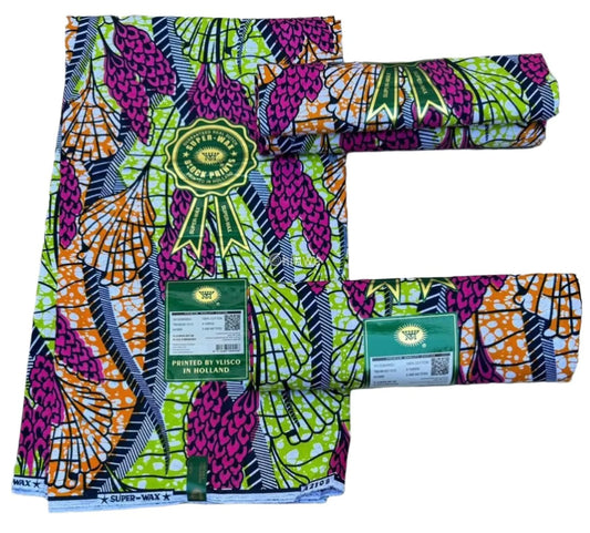 Vibrant Green and Pink Ankara Fabric with Nature-Inspired Patterns