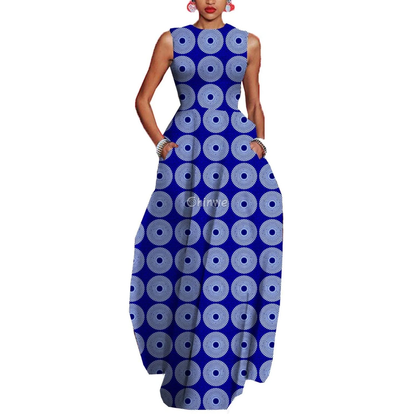 Zara Sleeveless Fit & Flare Ankara Maxi Party Dress - Sapphire Circles / Customized - Women’s Clothing