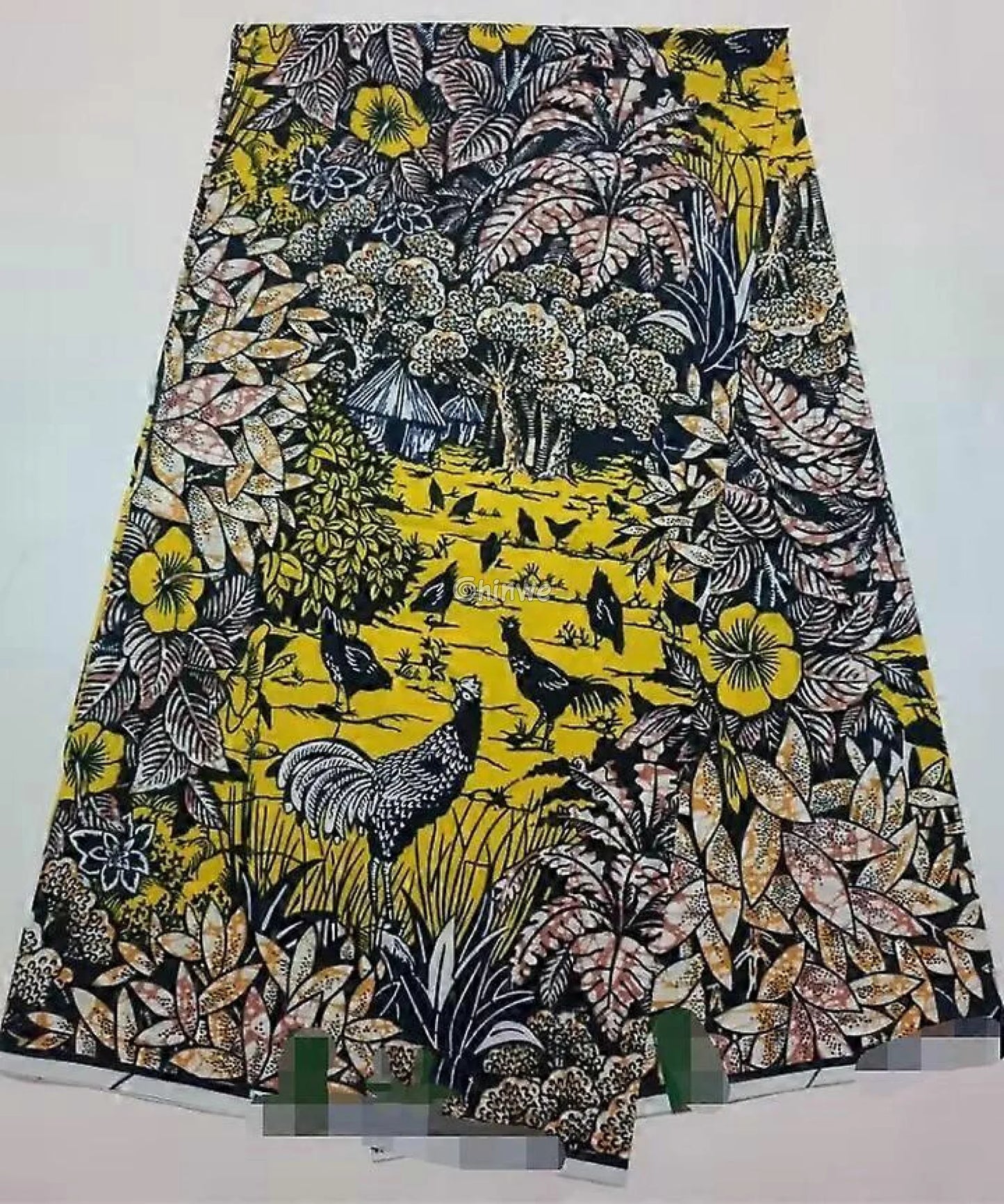 Yellow and Blue Nature Ankara Wax Print Fabric with Tropical Rooster Design
