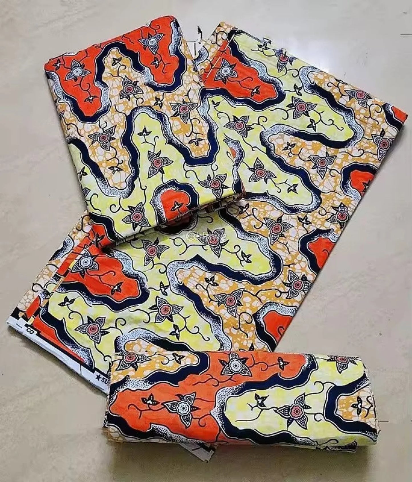 Yellow and Orange Floral Ankara Wax Print Fabric with Wavy Design