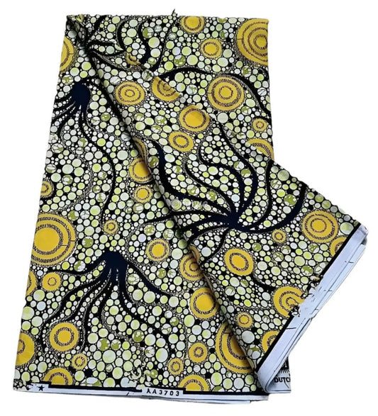 Yellow and Black Abstract Ankara Wax Print Fabric with Circular Design