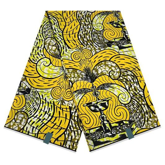 Yellow and Black Lamp Pattern Ankara Wax Print Fabric Artistic Swirl Design
