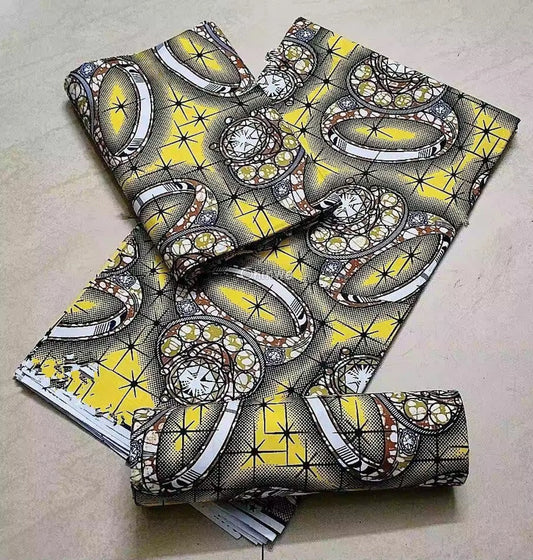 Yellow and Black Lamp Pattern Ankara Wax Print Fabric Artistic Swirl Design