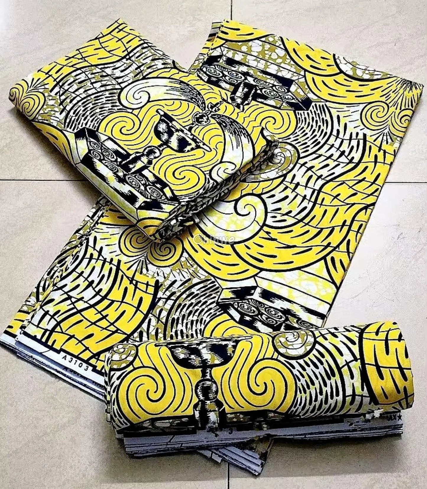 Yellow and Black Lamp Pattern Ankara Wax Print Fabric Artistic Swirl Design