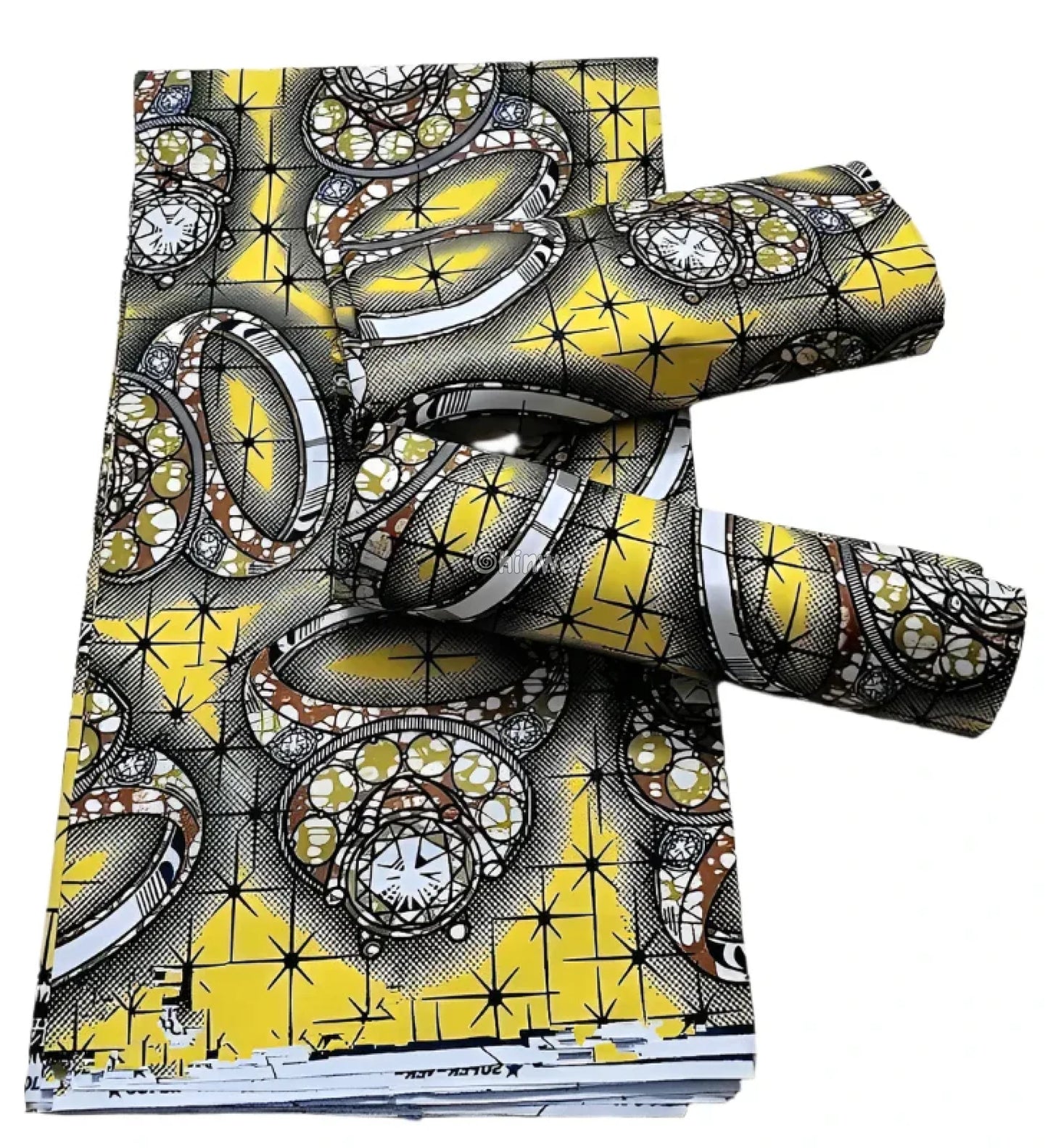 Yellow and Black Rings Ankara Wax Print Fabric with Starry Pattern
