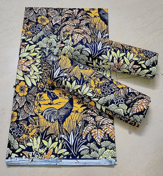 Yellow and Blue Nature Ankara Wax Print Fabric with Tropical Rooster Design