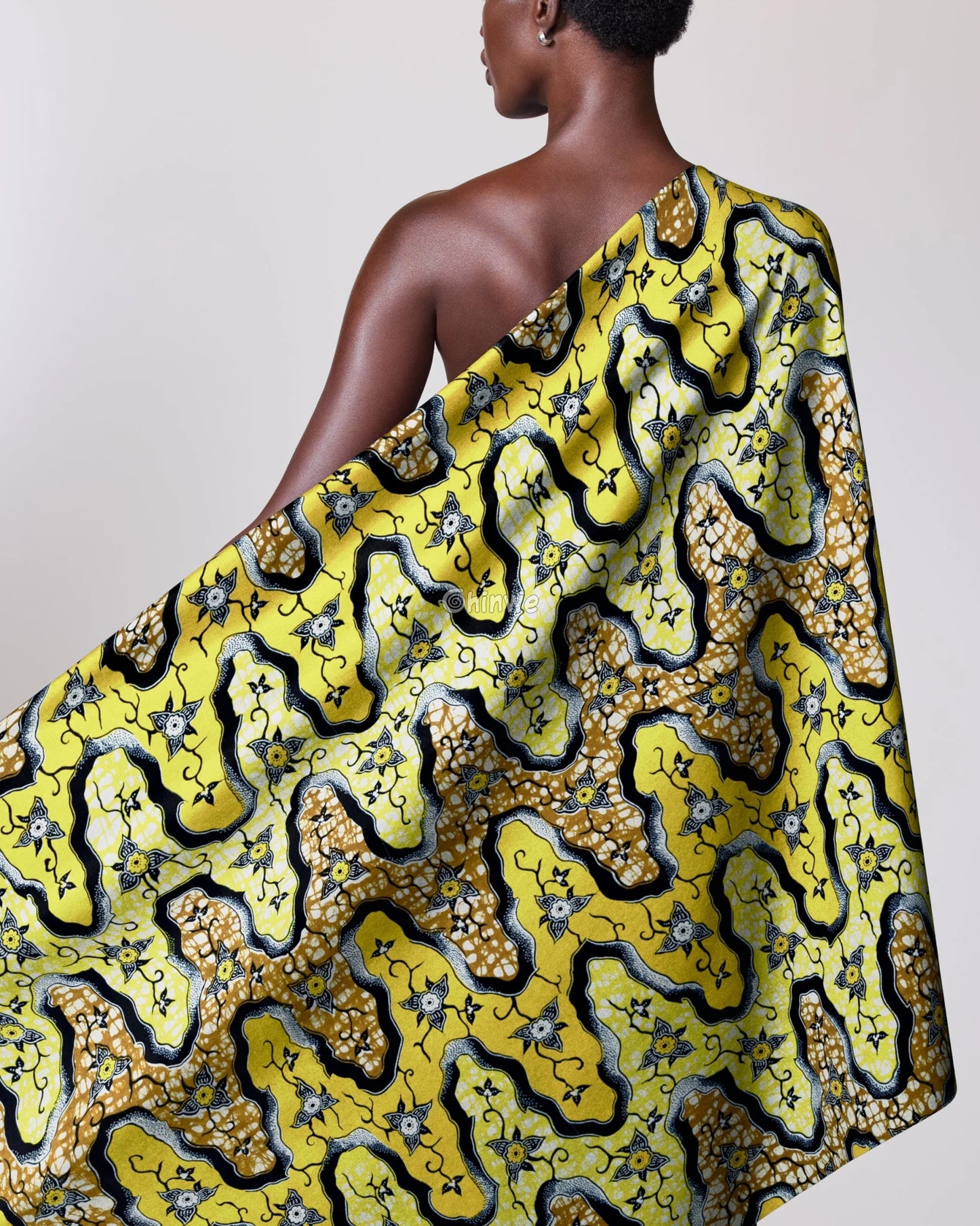 Yellow and Navy Blue Floral Ankara Wax Print Fabric with Wavy Abstract Pattern