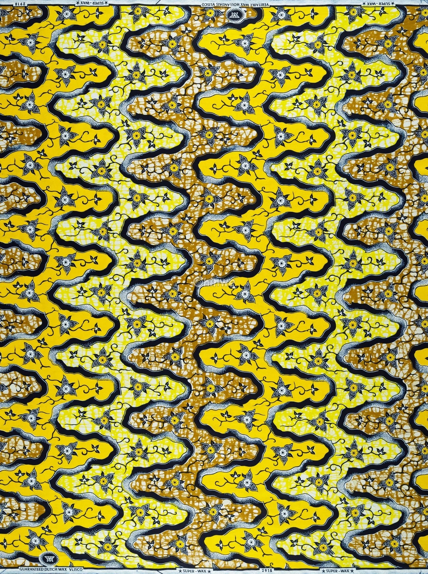 Yellow and Navy Blue Floral Ankara Wax Print Fabric with Wavy Abstract Pattern