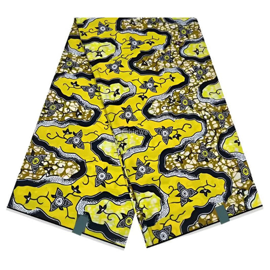 Yellow and Navy Blue Floral Ankara Wax Print Fabric with Wavy Abstract Pattern