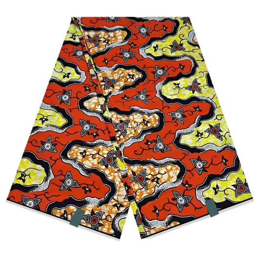 Yellow and Orange Floral Ankara Wax Print Fabric with Wavy Design