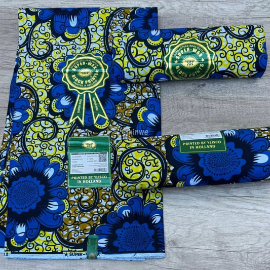Yellow in Blue Flower Swirl Cotton Wax Veritable African Print Fabric