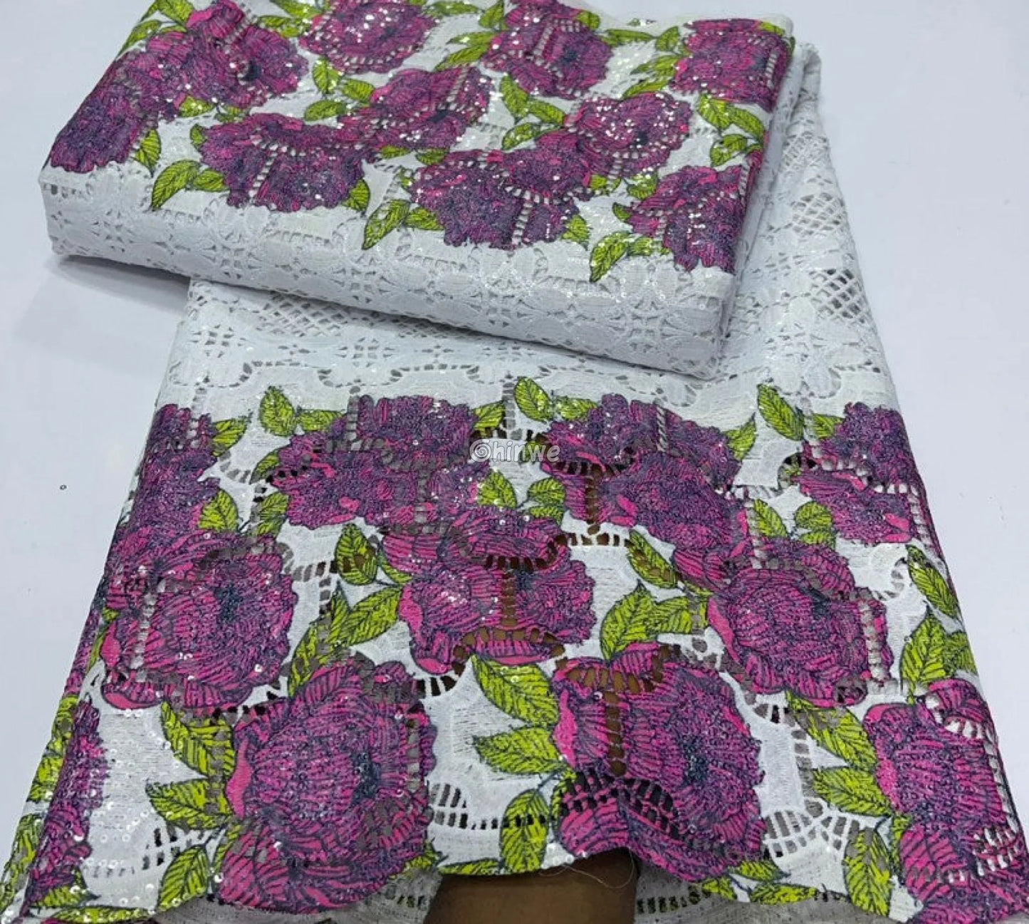 Sequin-Embroidered Mesh Lace with Geometric Grid Overlay & Scalloped Floral Border Fabric Lace